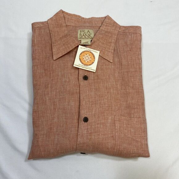 Jos A Bank Linen Shirt Men's Medium Pink Button Up Short Sleeve Summer Comfort - Picture 13 of 16
